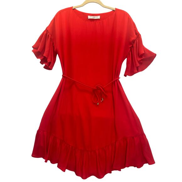 Amanda Uprichard Red Belted Mini Dress – Short Sleeve with Ruffle Hem Size Small - Picture 2 of 7